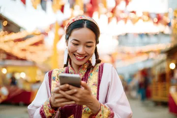 678DB App — Fast, responsive, and optimized for all devices A cheerful woman in traditional clothing using her smartphone during a festive moment, showing how easily the 678DB app fits into everyday life.