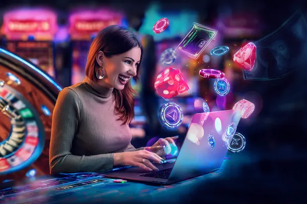 678DB Games — Explore our rich library of casino classics A woman smiling while playing online games on her laptop, surrounded by neon casino elements, showcasing 678DB’s diverse game collection.